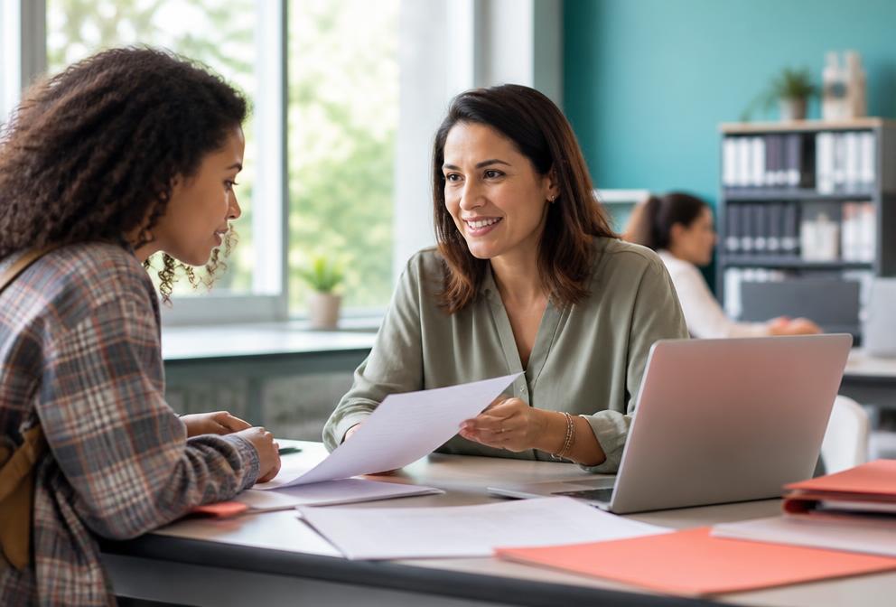 Admissions advisor reviewing an application with a student