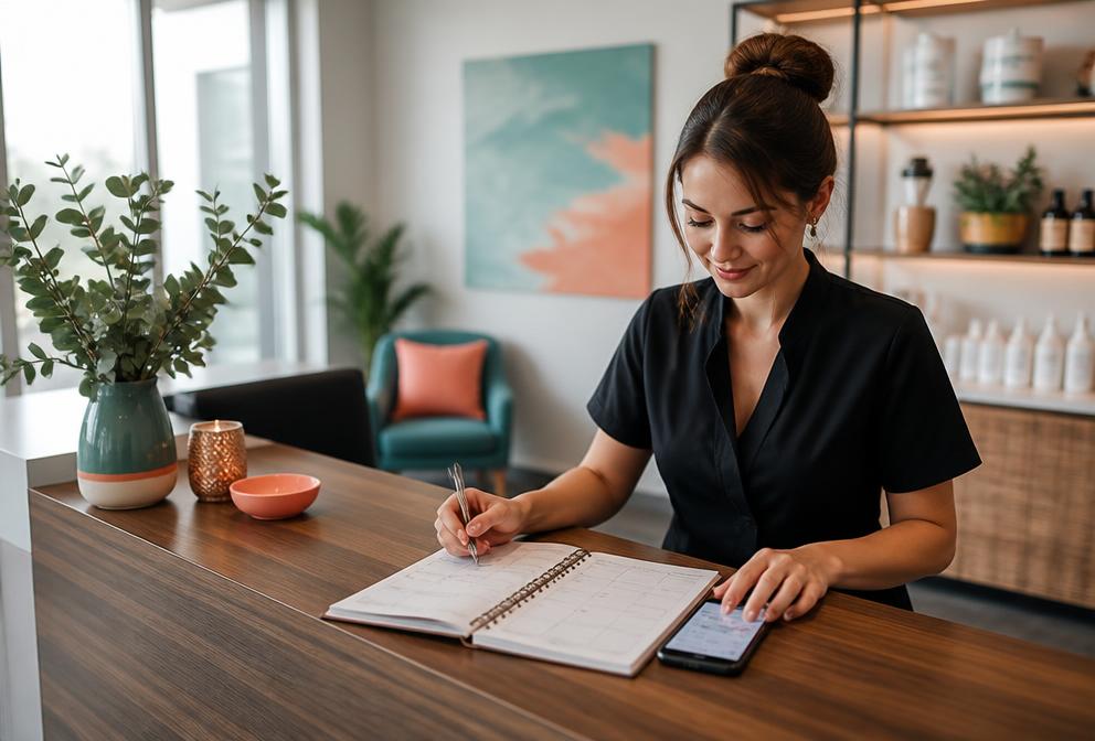 Receptionist organizing customer appointments